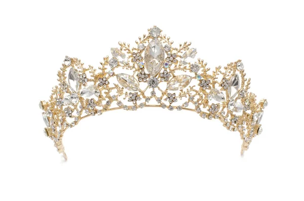 Diadema Dourado Com Diamantes Isolados Branco — Fotografia de Stock