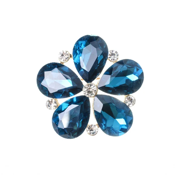 Broche Fleur Avec Des Pierres Bleues Isolées Sur Blanc — Photo