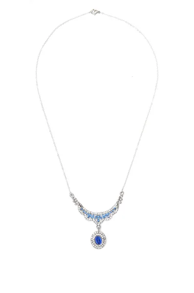 Серебряное Ожерелье Голубым Камнем Белом Фоне — стоковое фото