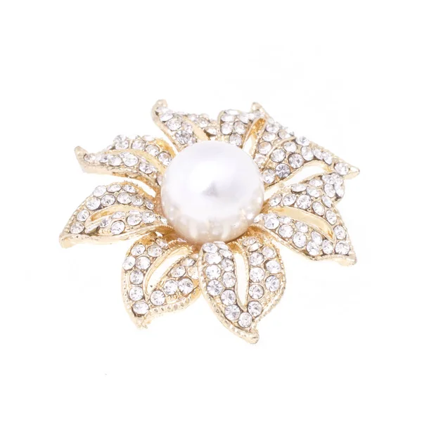 Gold Brooch Flower Pearl Gems Isolated White — Stock Photo, Image