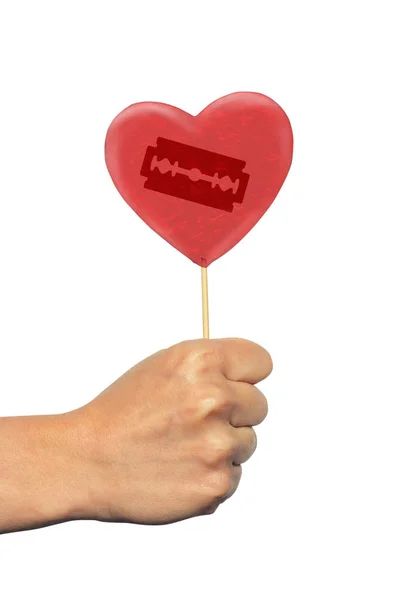 Piruleta Con Hoja Forma Corazón Mano — Foto de Stock