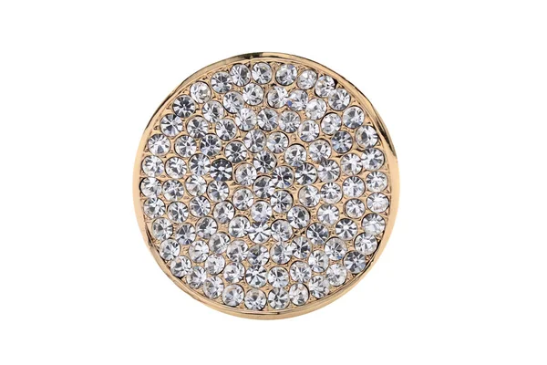 Broche Ronde Dorée Avec Diamants Sur Fond Blanc — Photo