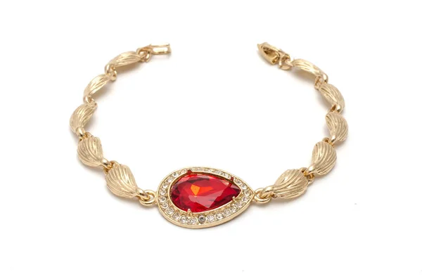 Golden Bracelet Ruby Diamonds Isolated White — Stock Photo, Image