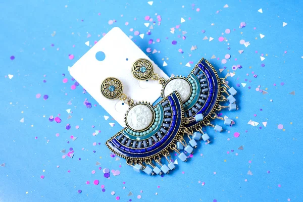 Earrings Boho Style Beads Spangles Isolated Blue Background — Stock Photo, Image