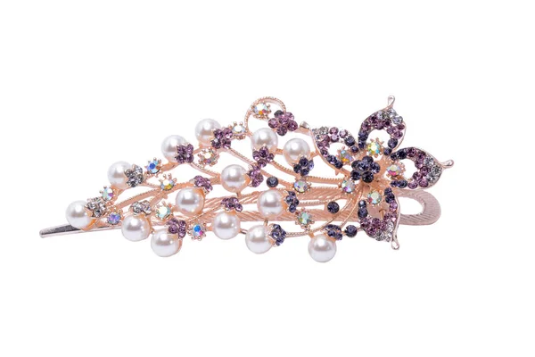 真珠と白で隔離花ヘアー クリップ — ストック写真