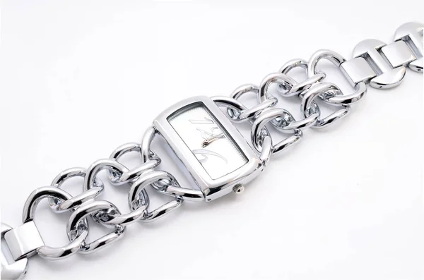 Montre Poignet Femme Argent Sur Fond Blanc — Photo