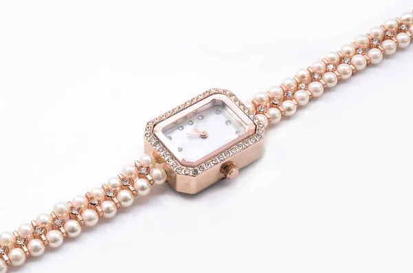 Women Wristwatches Pearls White Background — Stock Photo, Image