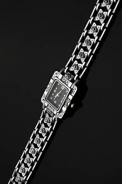 Women Silver Wrist Watch Isolated Black — Stock Photo, Image