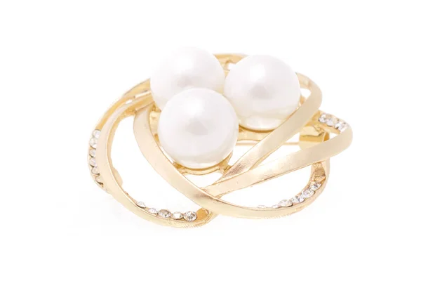 Spilla Rotonda Oro Con Perle Gemme Isolate Bianco — Foto Stock