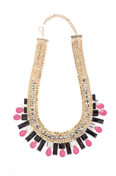 Gold Necklace Pink Gems White Background — Stock Photo, Image