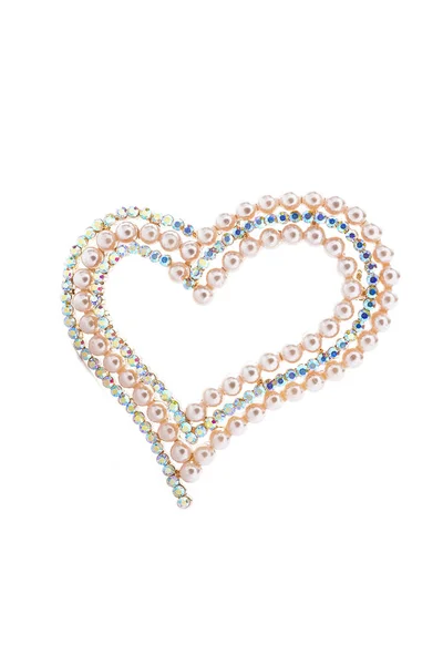 Broche Coeur Avec Perles Sur Fond Blanc — Photo