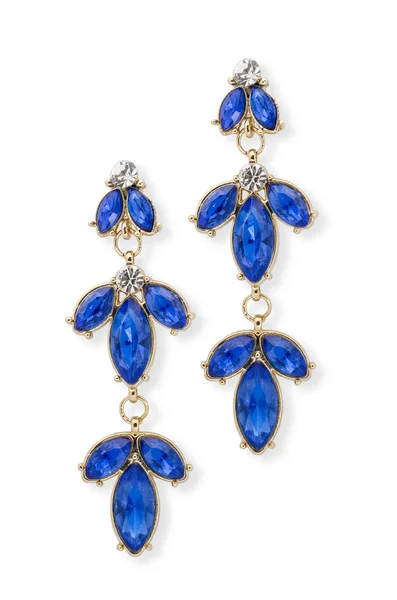 Boucles Oreilles Bleues Incrustées Pierres Précieuses Sur Fond Blanc — Photo