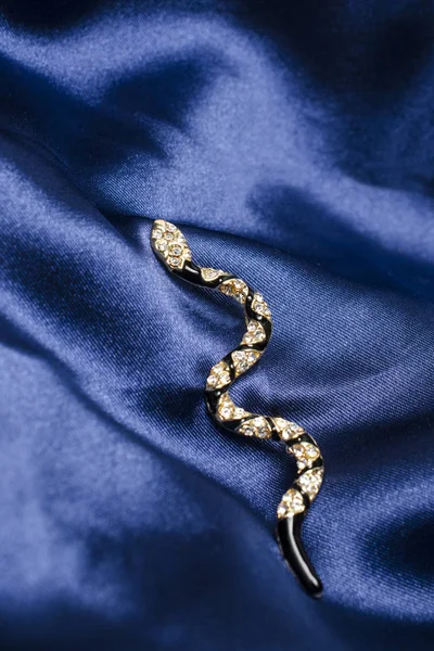 Брошь Виде Змеи Фоне Синего Шелка — стоковое фото