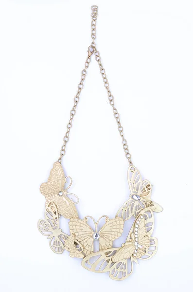 Золотое Ожерелье Бабочками Изолированными Белом — стоковое фото