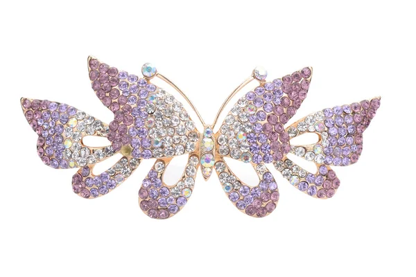白で隔離のダイヤモンドと黄金のブローチ蝶 — ストック写真