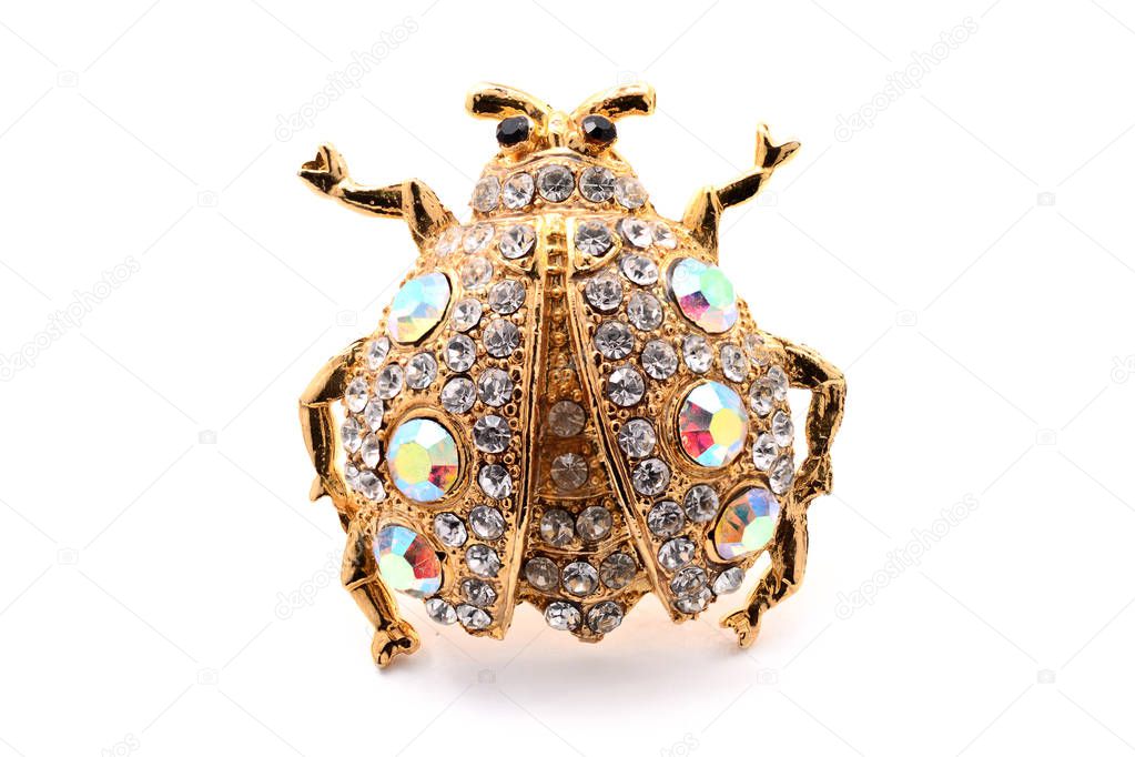 golden brooch in the form of a beetle on a white background