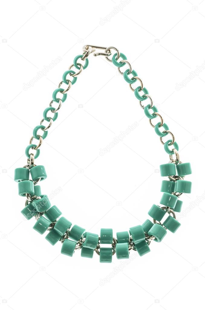 necklace with green beads on a white background