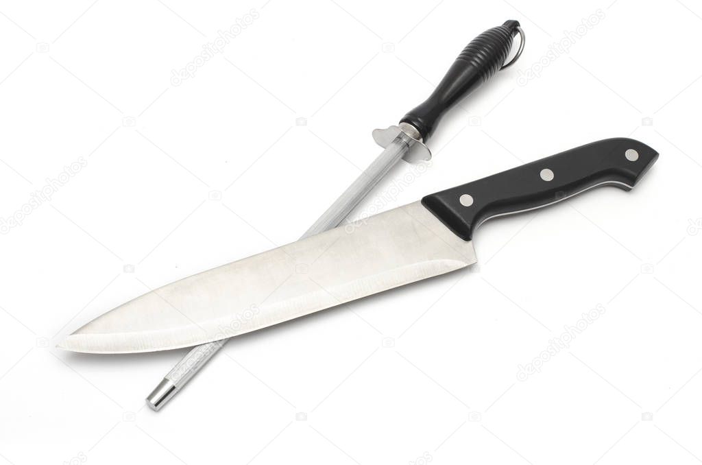 Knife and knife sharpener isolated on white