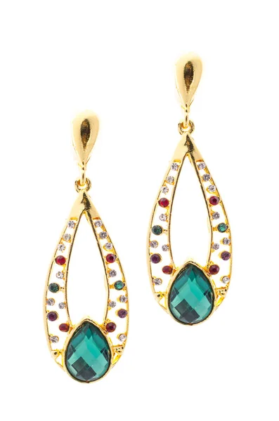 Gold Earrings Inlaid Gemstones White Background — Stock Photo, Image