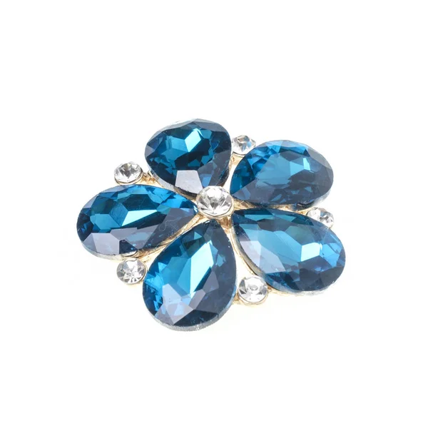 Broche Flores Con Piedras Azules Aisladas Blanco — Foto de Stock