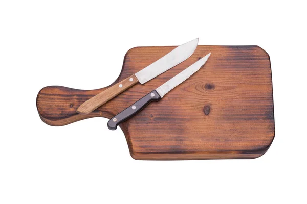 Обробна Дошка Подрібненим Ножем Розміщеним Білому Тлі Відсічною Частиною — стокове фото