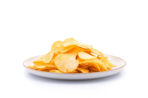 Aardappel Chips Plaat Mooie Vorm Witte Achtergrond — Stockfoto