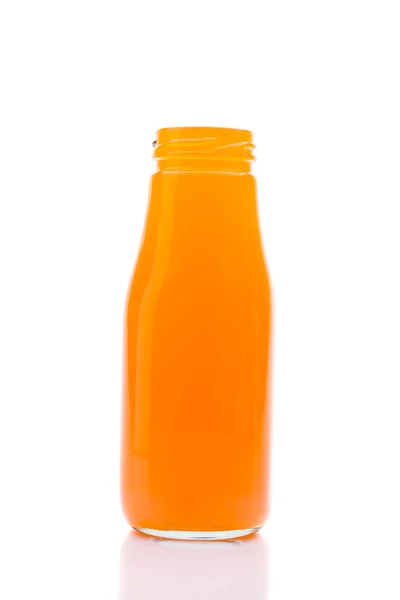 Jus Orange Bio Frais Bouteilles Verre Sur Fond Blanc — Photo