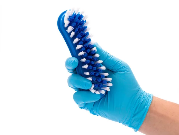 Met Blauwe Handschoenen Een Schoonmaakkit Een Witte Achtergrond — Stockfoto