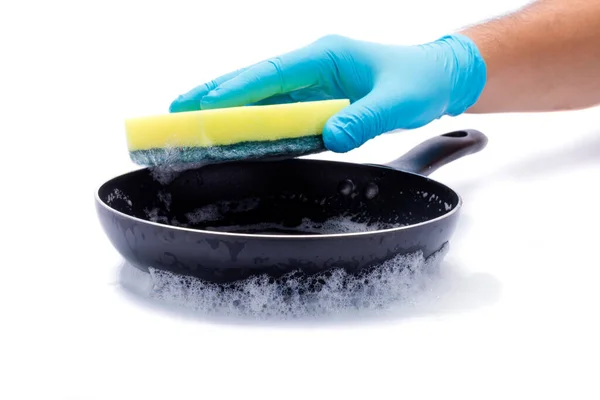 Надягніть Сині Рукавички Помийте Сковороду Зеленими Прокладками Бульбашками Піни Посудомийної — стокове фото