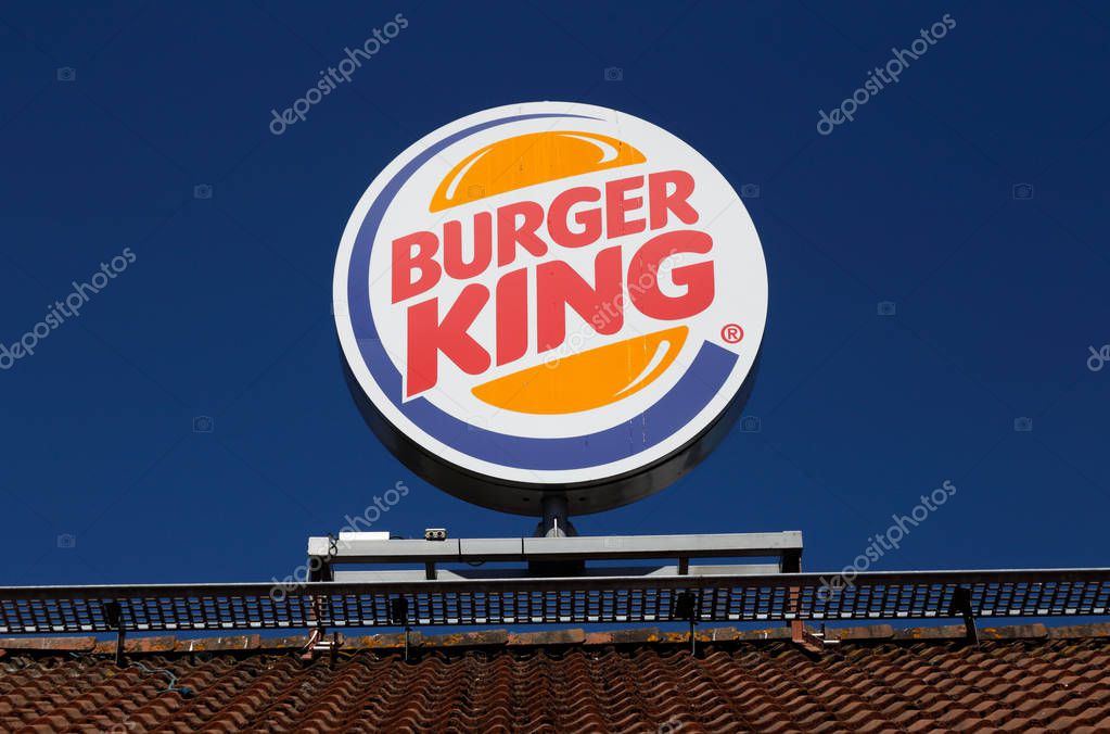 Kristinehamn, Sweden - June 8, 2018: Close-up of the roof top sign at the Burger king hamburger restaurant.