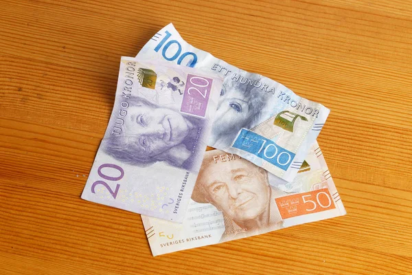 Stockholm Sweden March 2017 Swedish Valid Banknotes 100 Krona Wooden — Stock Photo, Image