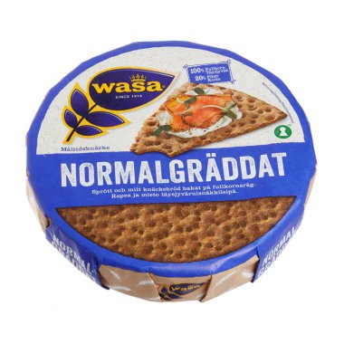 Stockholm, Sweden - December 17, 2018: One circle shaped package of crisp bread made of rye produced by Wasabrod for the Swedish market isolated on white background clipart