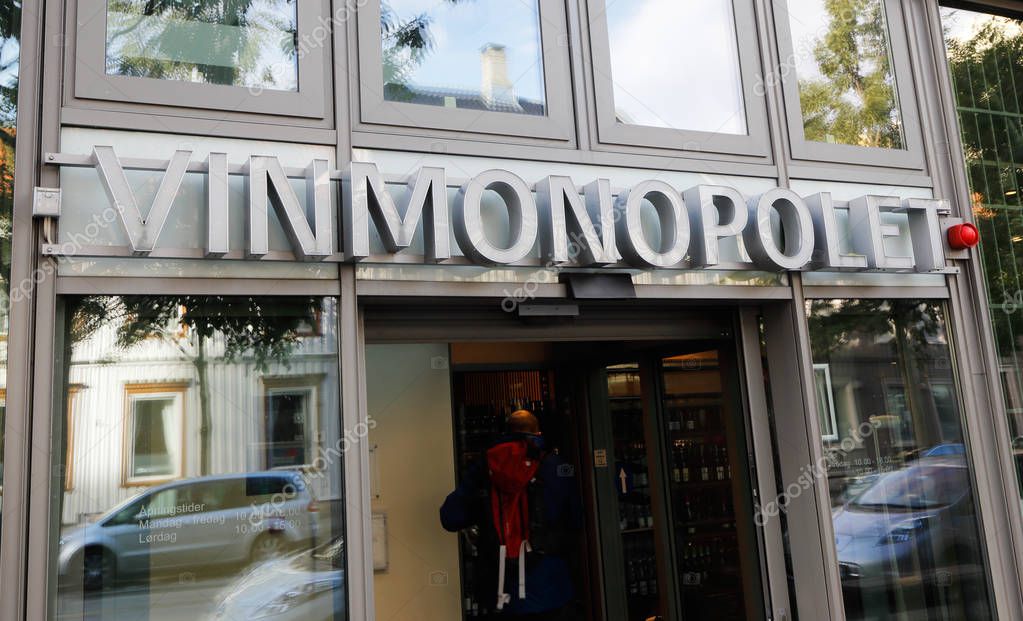 Trondheim, Norway - September 30, 2016: The Vinmonopolet liquor store sign above the entrance.
