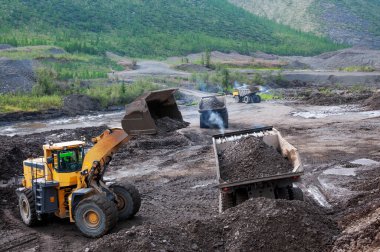 Dağlık bir ormandaki tekerlek yükleyicisi bir maden kamyonunu kovayla doldurup, dağ toprağını içine boşaltıyor. Altın madenciliği endüstrisi.