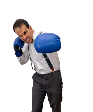 Mature man with formal clothes, suspenders and boxing gloves, striking with the left (white background). clipart