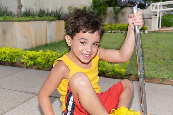 Year Old Boy Sitting Scooter Photo — стоковое фото