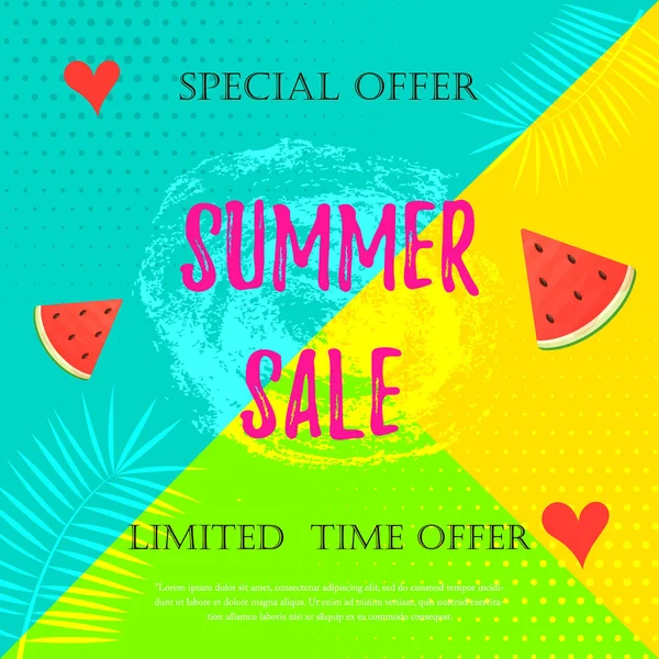 Summer Sale Banner Watermelon Heart Colorful Background Vector Illustration Template — Stock Vector