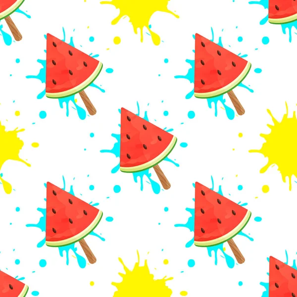 Watermelon Ice Cream White Background Paint Spots Seamless Vector Pattern — Stock Vector