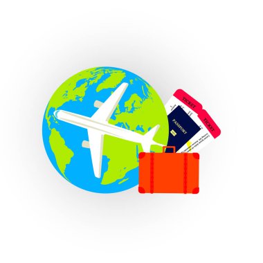 Passport bileti ve seyahat çantası ile. Uçağı. Dünya gezegen. Düz simgesi. Seyahat kavramı. İş seyahat illüstrasyon. Vektör.