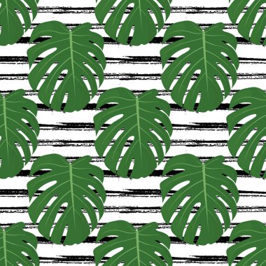 Canavarlar yaprakları elle çizilmiş çizgiler arka plan üzerinde. Çiçek seamless modeli. Eğilim tasarım. -Vektör.