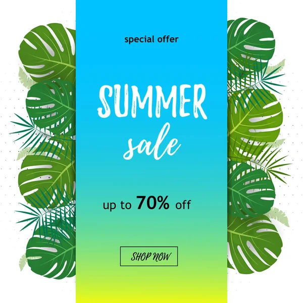 Tropikal Sale.Discount tasarım arka plan. Poster palmiye yaprakları, orman yaprağı ve el yazısı yazı ile. Yaz Satılık. 70 kapalı. Mavi - sarı arka plan üzerinde satışı büyük başlığı. Vektör.