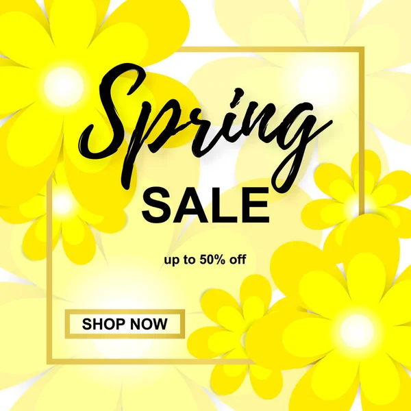 Spring Sale Banner Paper Flowers Gold Frame Spring Banner Online — Stock Vector
