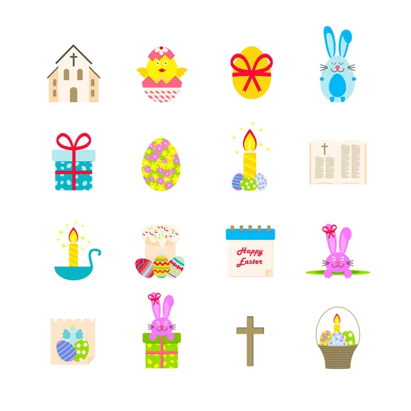 Mutlu Paskalya Icon Set. Vektör ayarla tavuk, bunny, yumurta, hediyeler, ets ile. Retro tarzı. Vektör çizim.