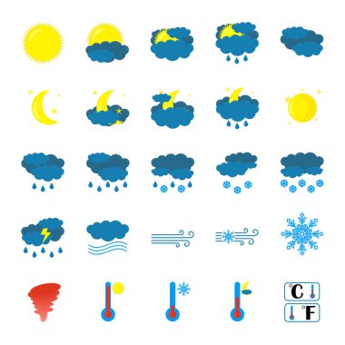 Weather simge seti. Düz sembolleri beyaz arka plan üzerinde yalıtılır. Derma sanat vektör çizimler karikatür. Vektör.