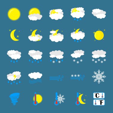Weather simge seti. Düz sembolleri olan göl kenarında. Mavi arka plan. Çizgi film sanat vektör çizimler. Vektör.