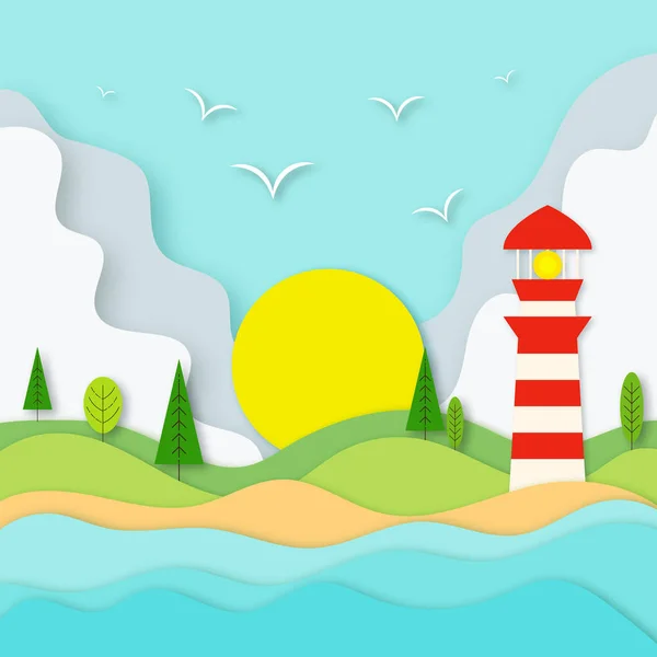 Okyanus, plaj, deniz feneri, ağaçlar, bulutlar ve güneş ile tepeler vektör Illustration. Güzel plaj arka plan. Kağıt sanatı tasarımı. Vektör