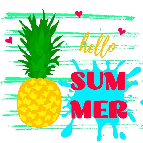 Ananas ve metin Hello Summer ile Poster. Vektör İllüstrasyonu.