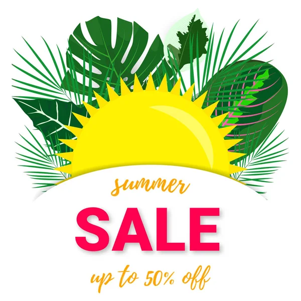 Folhas tropicais com o sol escondido no bolso sobre um fundo branco. Texto Summer Sale Até 50 fora. Ilustração vetorial . — Vetor de Stock