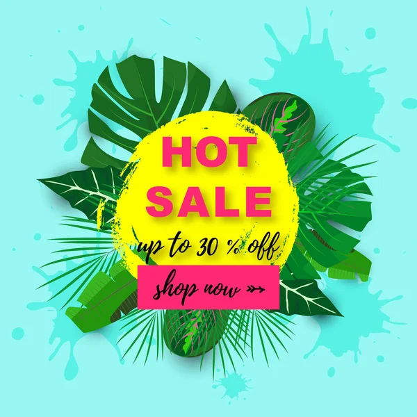 Tropical leaves with paint spots and Text HOT Sale Up to 30 off on a blue background. Vector. — Stock Vector