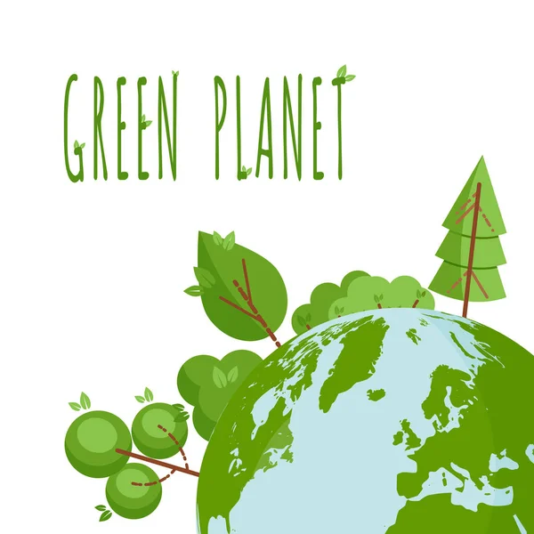 Yeşil ağaçlar ve Dünya gezegeni kavramı. Mesaj için yer. Green Planet 'e mesaj at. Ekolojik kavram. Broşür, poster, davetiye, Dünya günü için şablon. Düz, ince çizgi tarzı tasarım. Vektör illüstrasyonu.